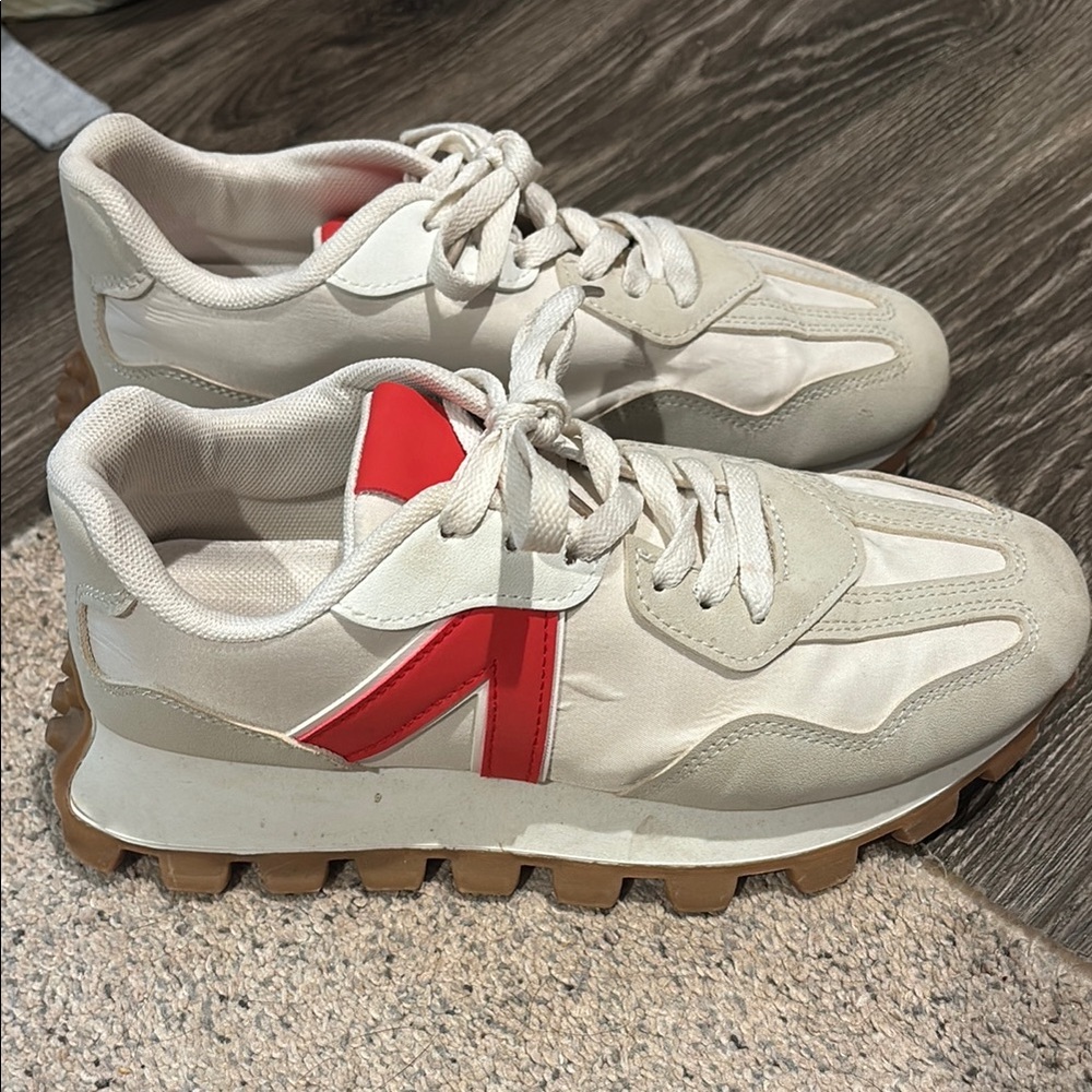 White and Red Sneakers with Gum Sole